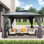 DOMI Outdoor Living 12x12 Classic Hardtop Gazebo with Aluminum Frame, Galvanized Steel Double Roof, Netting & Curtains