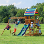 Backyard Discovery Beach Front Cedar Wooden Swing Set with Slide, Monkey Bars & Picnic Table