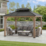 Sunjoy 10' × 12' Cedar Wood Hardtop Gazebo with 2-Tier Steel Roof