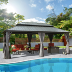 DOMI Outdoor Living 12x20 Classic Hardtop Gazebo with Aluminum Frame, Galvanized Steel Double Roof, Netting & Curtains