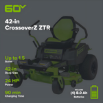 Greenworks 60V 42 in. Electric CrossoverZ Zero Turn Riding Lawn Mower with (4) 8Ah Batteries & Dual-Port Turbo Chargers - Image 2