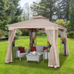 10 Ft. X Khaki Soft Top Steel Outdoor Patio Gazebo with Netting and Shelves, Metal Frame with for Lawn