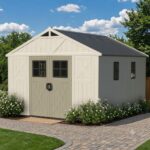 Patiowell 10x12 FT Outdoor Storage Shed with Floor and Lockable Door, All Weather Plastic Shed Garden Shed with Skylight and Multiple Windows for Backyard, Patio, Lawn, Beige