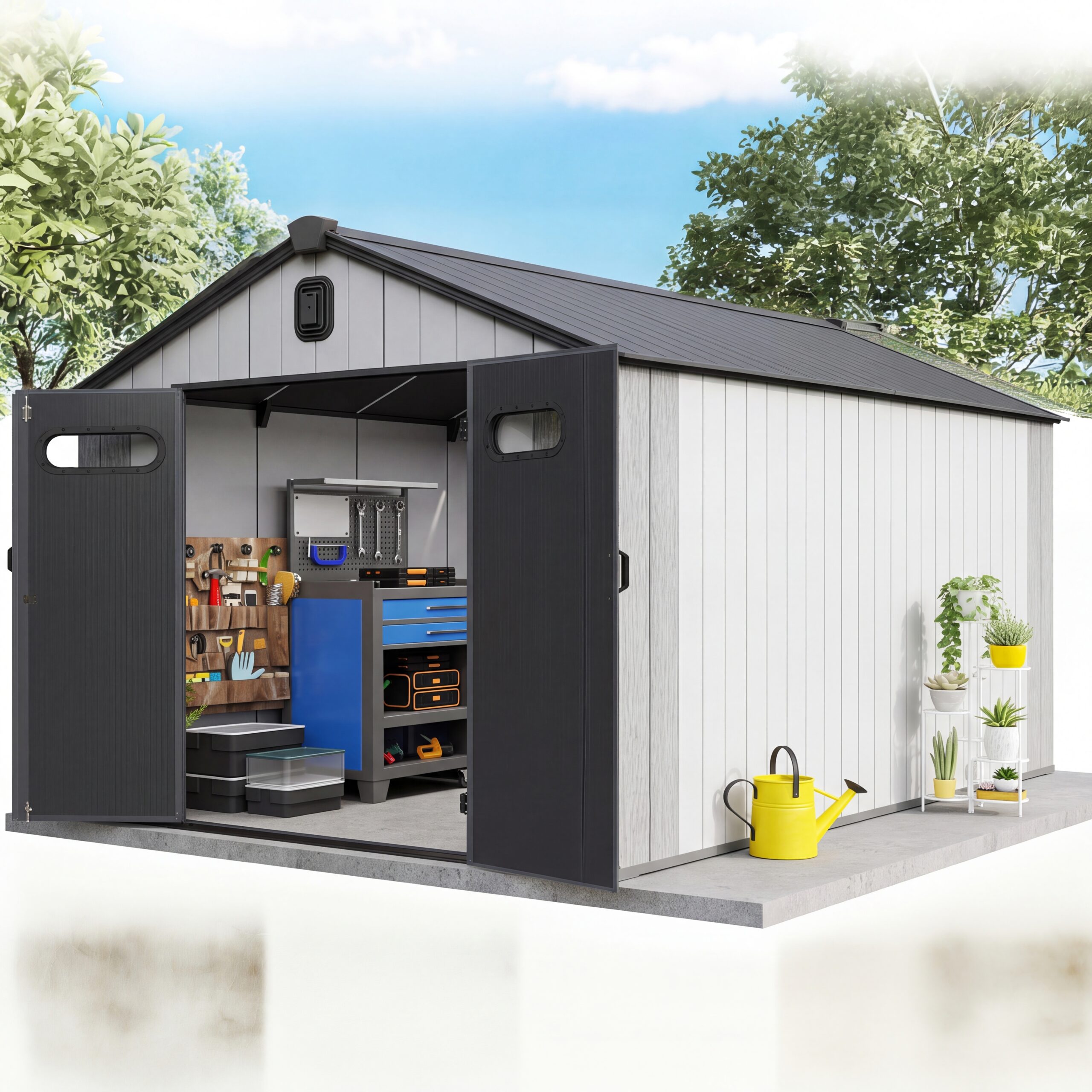 p3im1 Domi 8x16 FT Outdoor Resin Storage Shed, All-Weather Double-Wall Storage Building with Lockable Doors and Ventilated Roof, Ideal for Lawn Tools, Bikes, Mowers, and Pool Equipment, Grey - Image 1