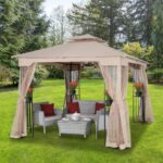 10 Ft. X Khaki Soft Top Steel Outdoor Patio Gazebo with Netting and Shelves, Metal Frame with for Lawn