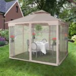 10 Ft. X Khaki Soft Top Steel Outdoor Patio Gazebo with Netting and Shelves, Metal Frame with for Lawn - Image 2