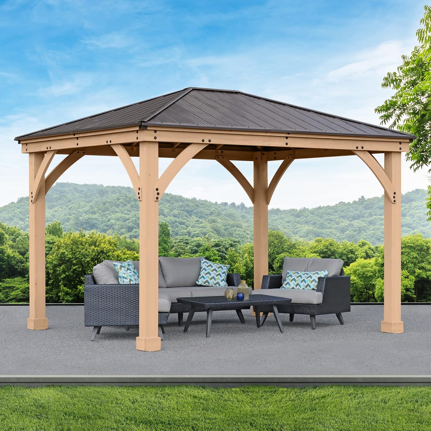 p9-i0 Yardistry 10 x 12 Meridian Cedar Wood Gazebo Pavilion for Patios, Decks, Garden, Backyard, Durable, Aluminum Roof - Image 1