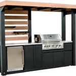Backyard Discovery Fusion Flame Covered Outdoor Kitchen with 5-Burner Grill, Refrigerator & Steel Roof